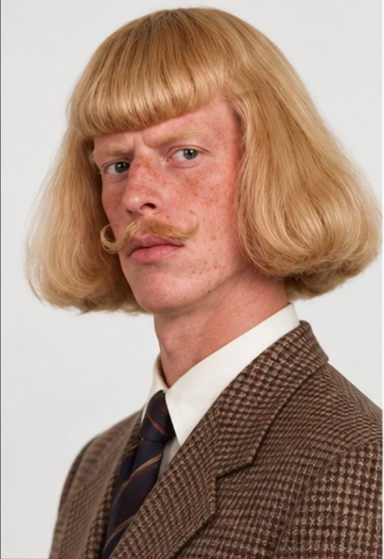 Character sheet de Jean : portrait rapproché, coupe blonde et moustache