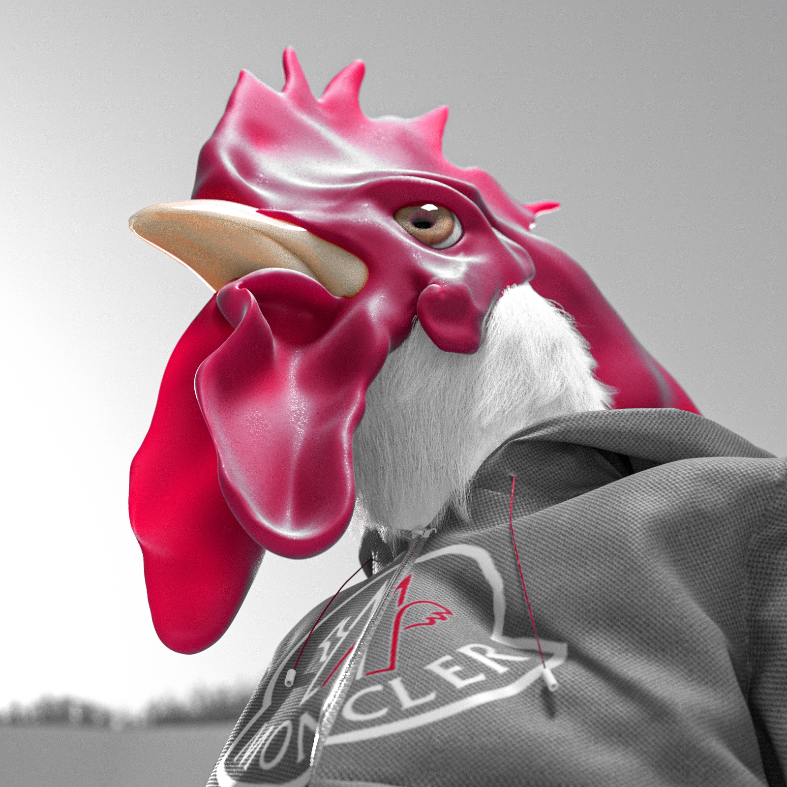 L'image représente une fusion créative entre un coq et un humain. La tête est celle d'un coq avec une crête rose vif, un bec jaune et une peau rouge autour des yeux, le tout conservant une texture réaliste de la peau de coq. La partie inférieure de l'image montre les épaules et le haut d'une veste grise avec ce qui semble être le logo de Moncler, une marque de luxe connue pour ses vêtements d'extérieur. La cravate ou l'écharpe rouge avec une épingle à cravate est visible au niveau du col de la veste, ajoutant une touche d'élégance. Le fond est en noir et blanc, contrastant avec le sujet en couleur, ce qui met l'accent sur le contraste entre le réalisme et l'élément surréaliste de l'image.