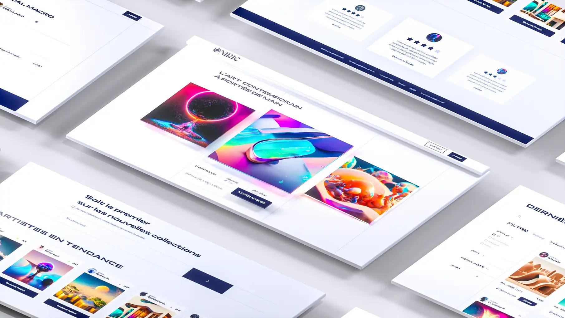 Interface de site web affichant une galerie d'art contemporain avec des images colorées et des sections pour collections et artistes en tendance.