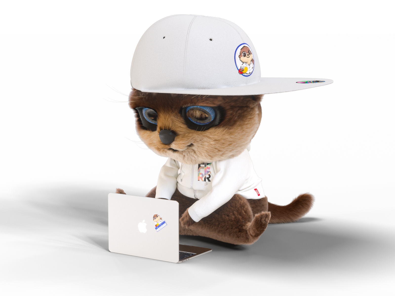 Mascotte 3D d'une loutre stylisée avec des lunettes de soleil et une casquette blanche, travaillant sur un ordinateur portable, créée par Ferr Studio pour illustrer leur expertise en animation de personnages et design UI/UX en Suisse.