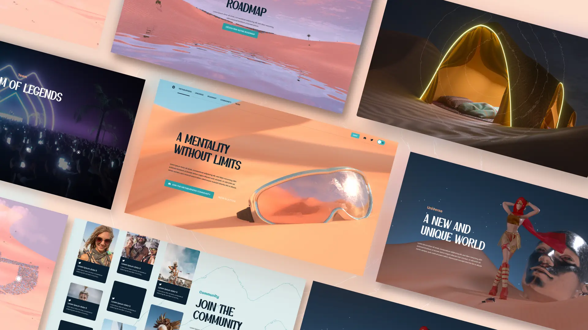 Montage d'écrans web présentant une interface utilisateur avec des thèmes de mentalité sans limites, communauté, et un univers unique.
