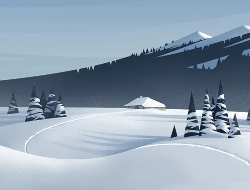 Paysage alpin enneige avec un chalet, illustration de Pierre Abraham Rochat