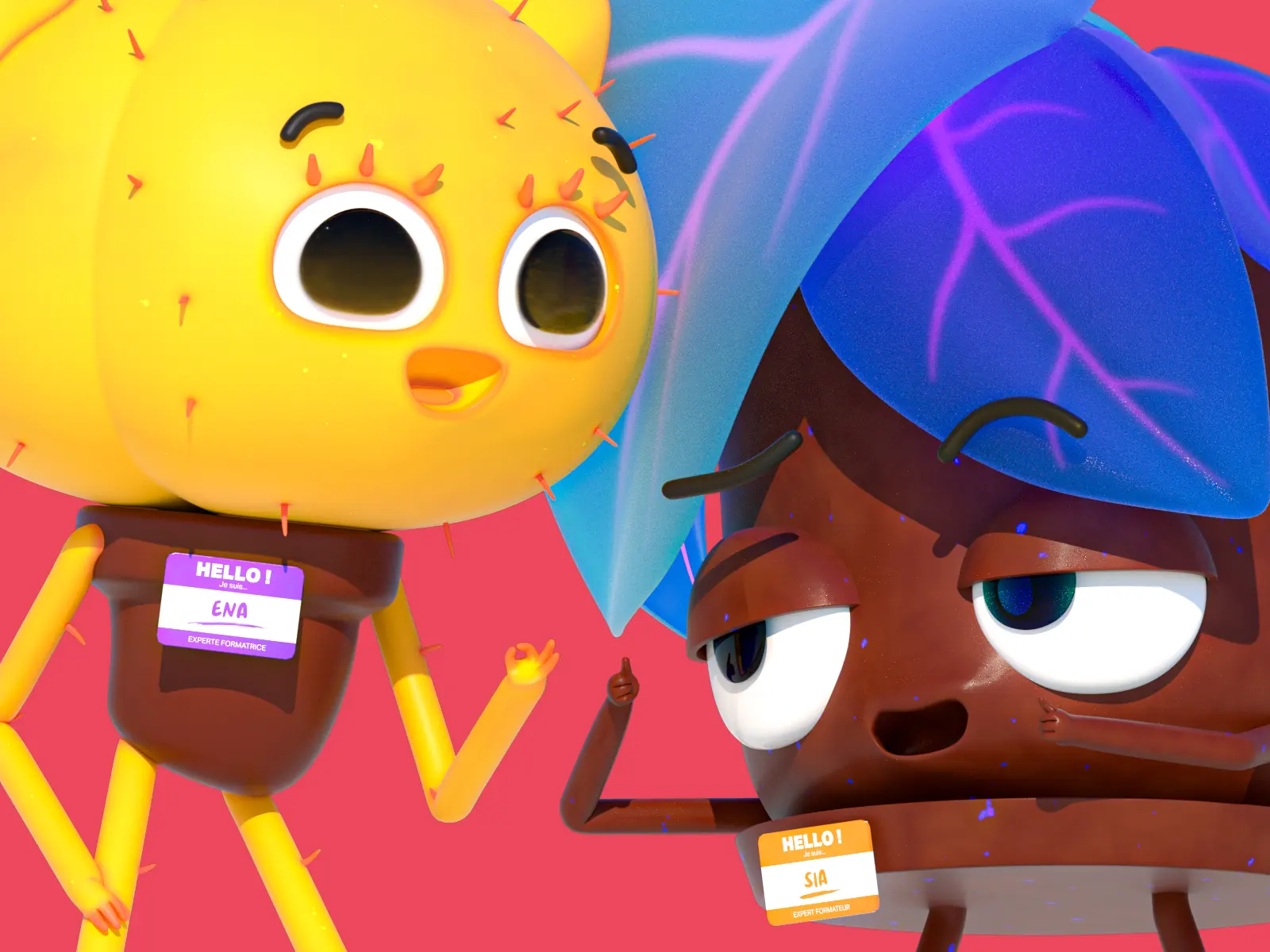 Mascottes Sinea avec badges nominatifs sur fond rose