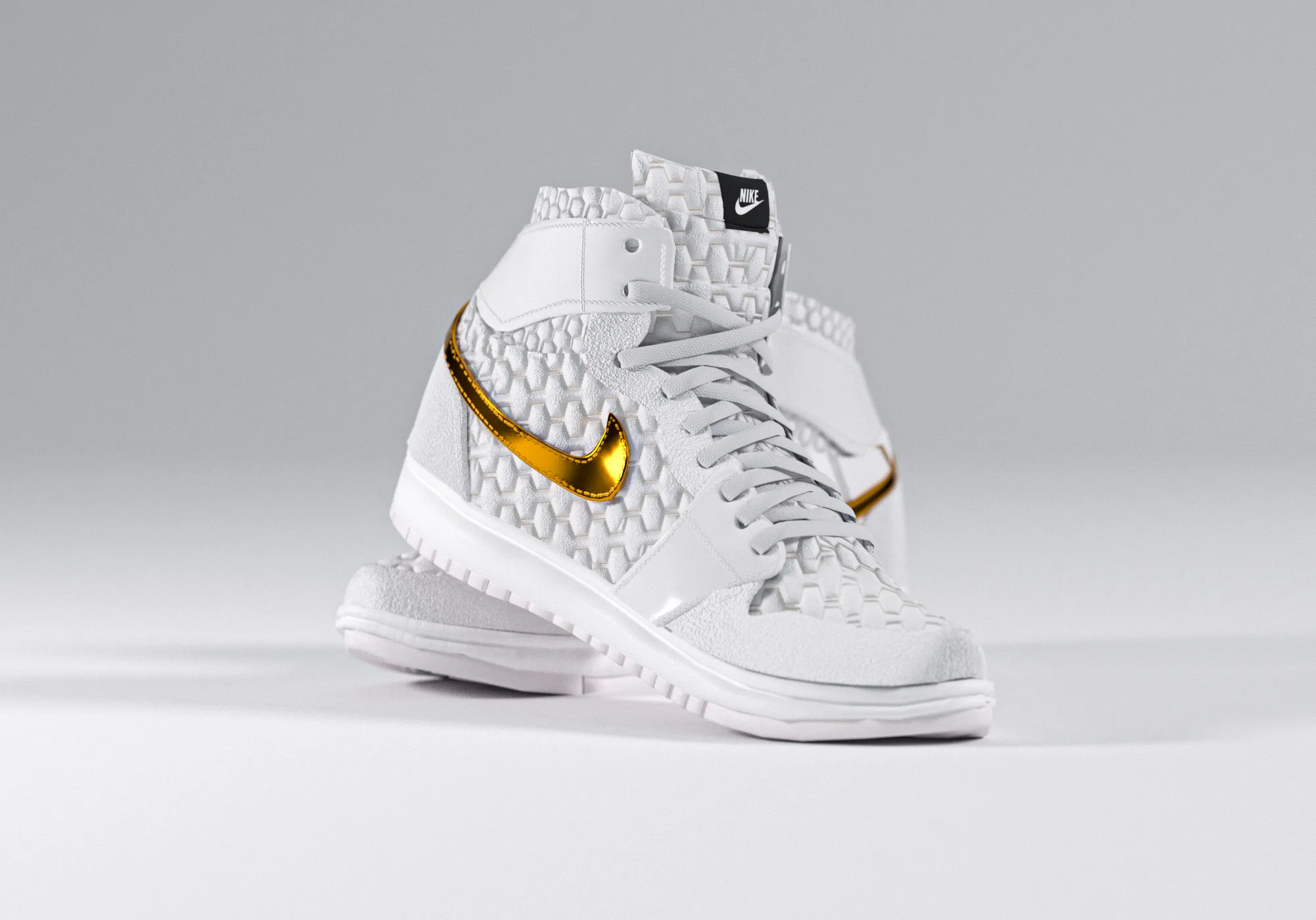 Nike Air Jordan haute blanche avec des détails dorés sur fond studio neutre, présentation 3D par Ferr Studio, spécialistes en design digital et direction artistique en Suisse romande.