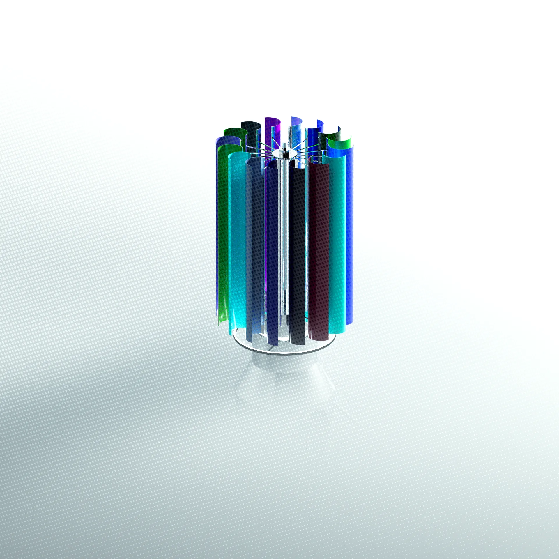 Conception 3D d'un objet artistique abstrait par Ferr Studio, représentant des cylindres en verre coloré avec des textures variées, disposés en cercle sur un fond lumineux pour mettre en avant l'expertise en rendu 3D et direction artistique en Suisse romande.