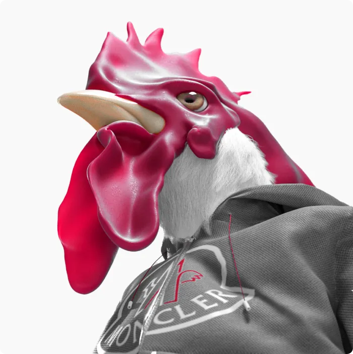 Rendu 3D d'un personnage hybride gorille-chat avec des yeux bleus perçants et une veste noire marquée Ferr, démontrant la capacité de Ferr Studio à créer des visuels uniques pour le branding et la publicité digitale.