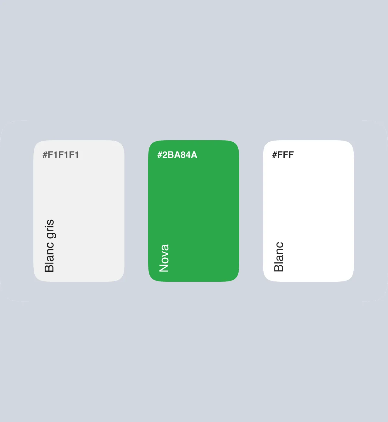 Palette de couleurs Nova Financement, blanc gris, vert 2BA84A et blanc