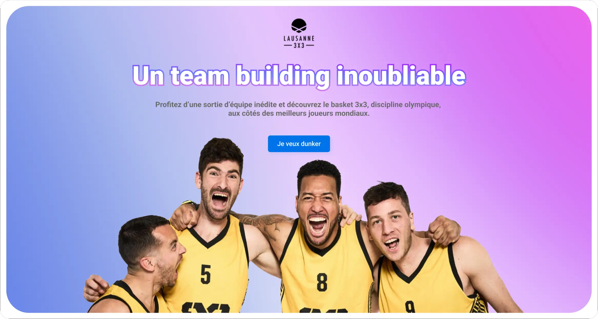 Lausanne 3x3 landing page marketing UI design rose et violet avec joueur de basket jaune