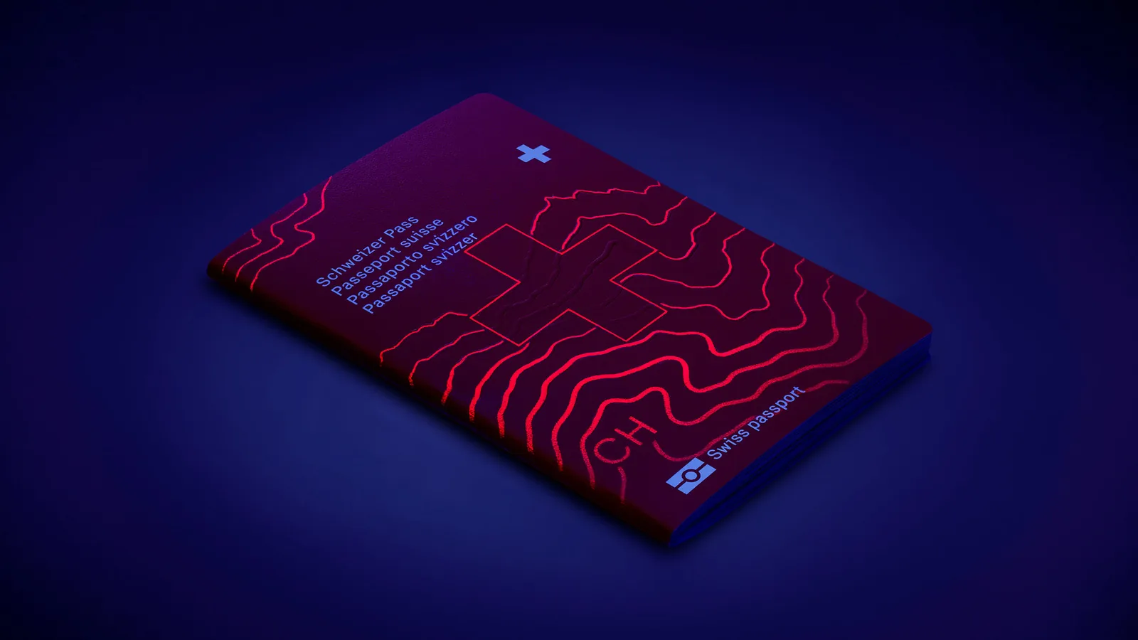 Couverture du passeport suisse sous ultraviolet, croix et courbes de niveau rouges