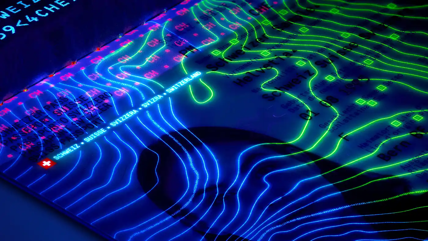 Page de données du passeport suisse, réseau de lignes bleues et vertes fluorescentes