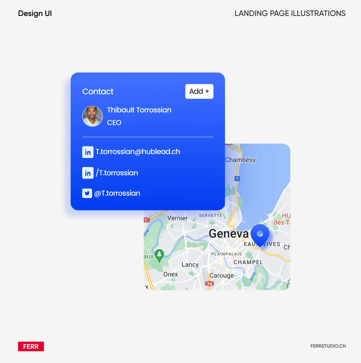 Fiche contact et carte de Geneve illustrees pour la landing page Hublead