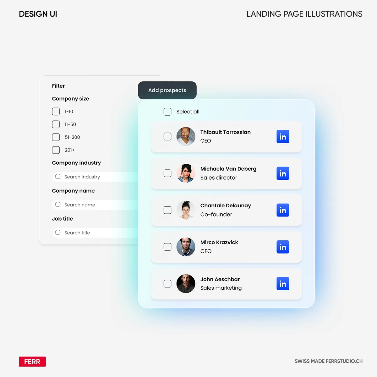 Ecran de filtrage et de selection de prospects illustre pour la landing page Hublead