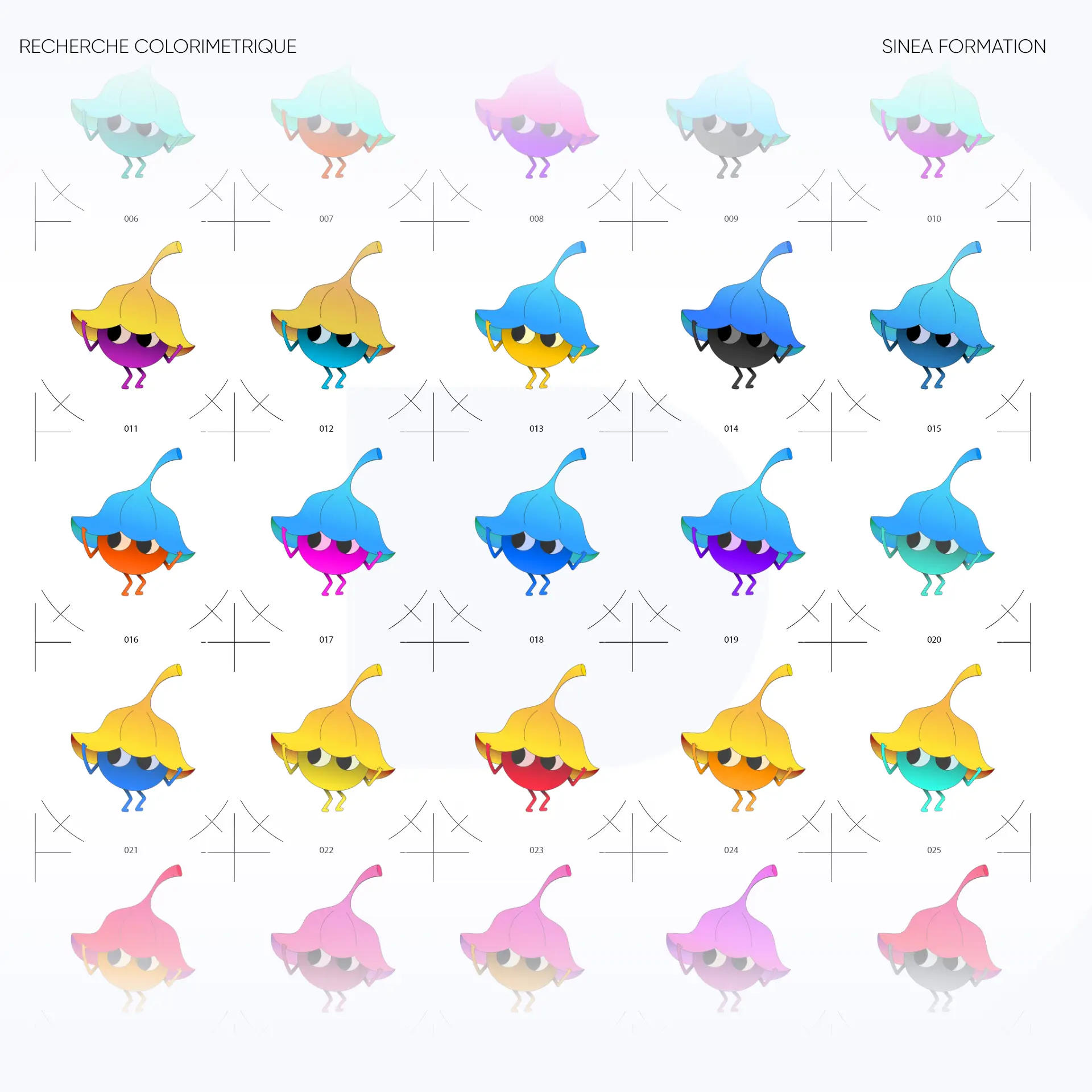 Planche de recherche colorimétrique des mascottes Sinea
