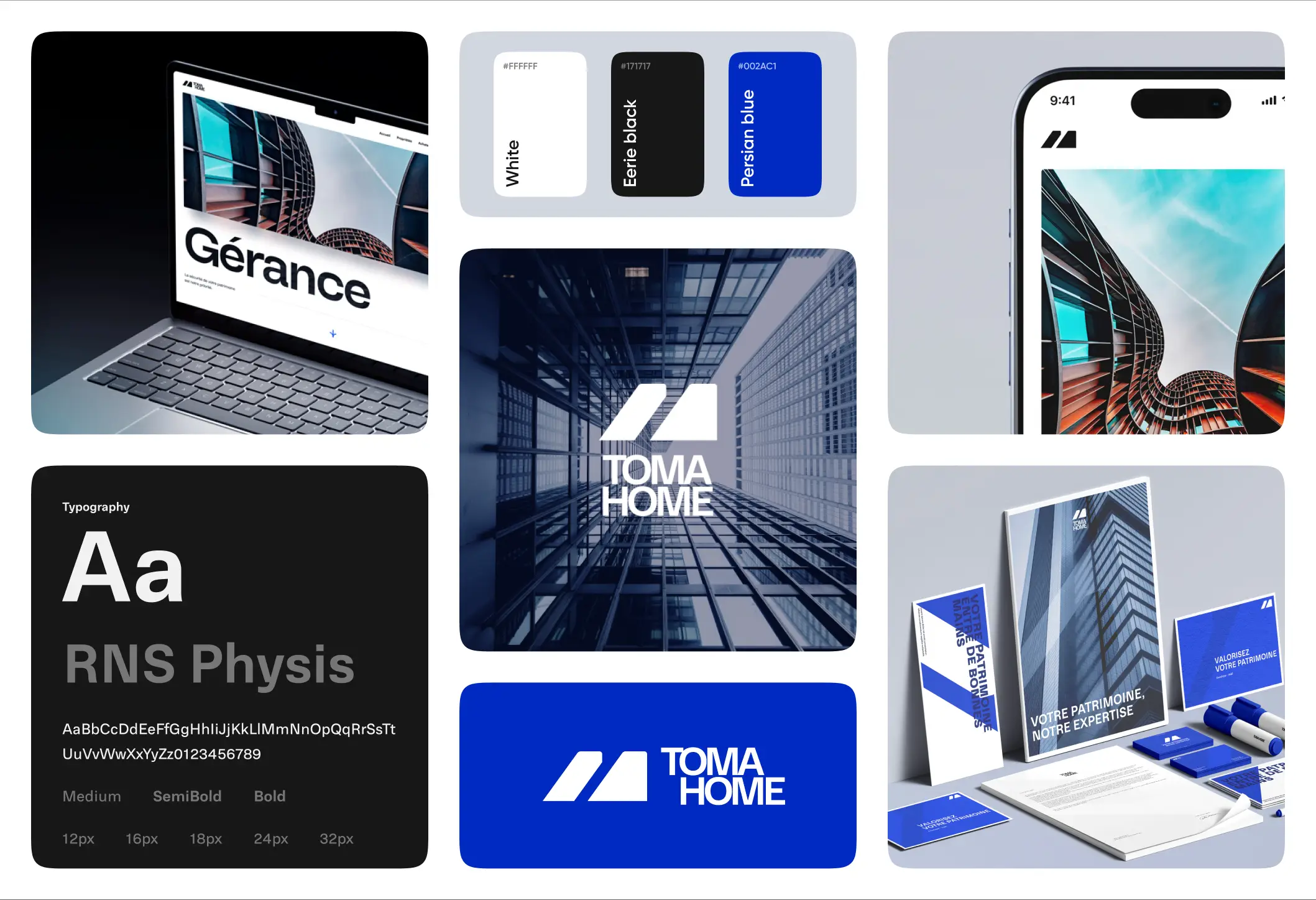 Présentation d'une identité visuelle bleue et noire réalisé par ferr studio pour Toma Home
