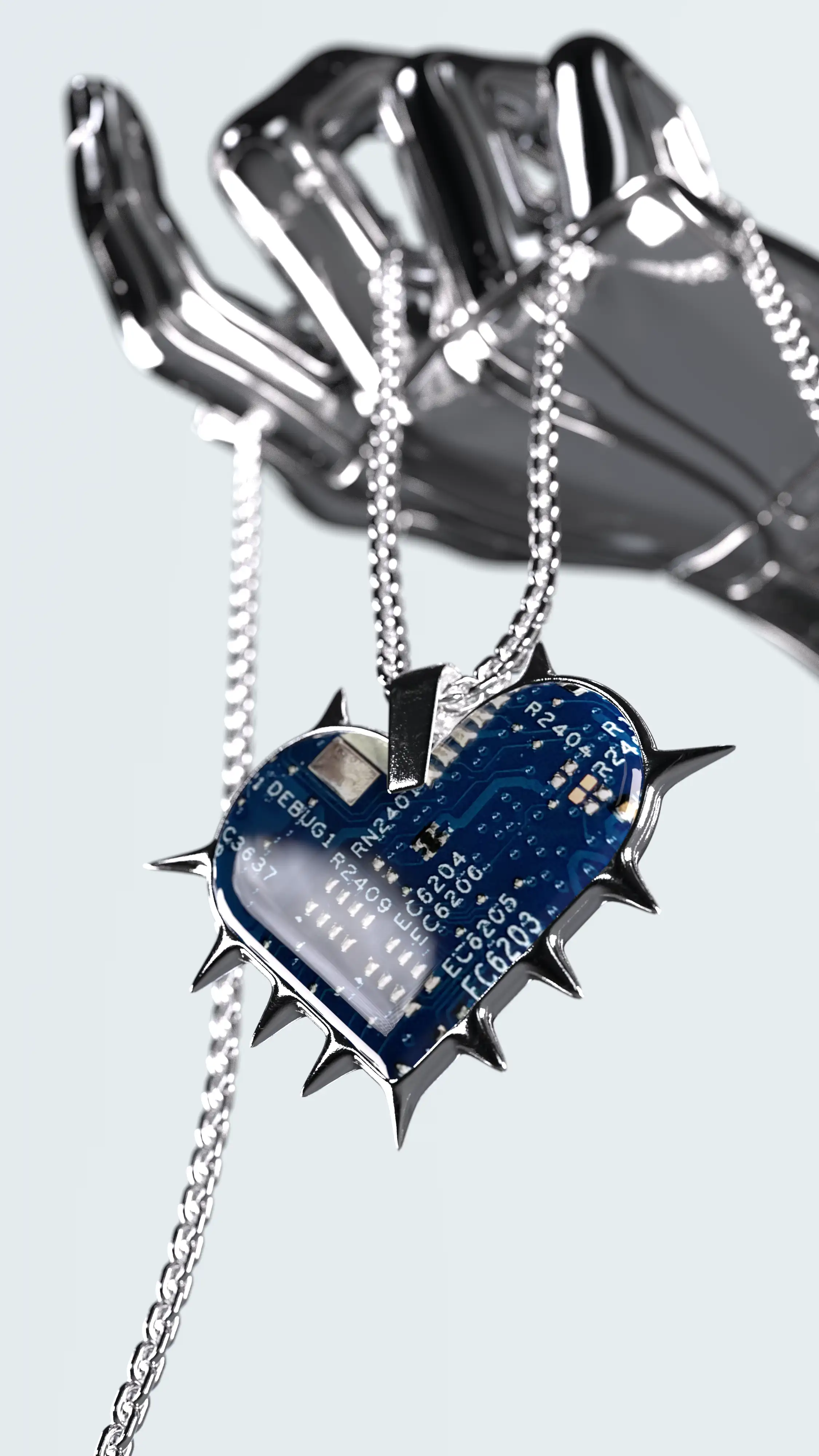 collier carte mere en forme de coeur avec main robotique chromé 3D design ferr studio