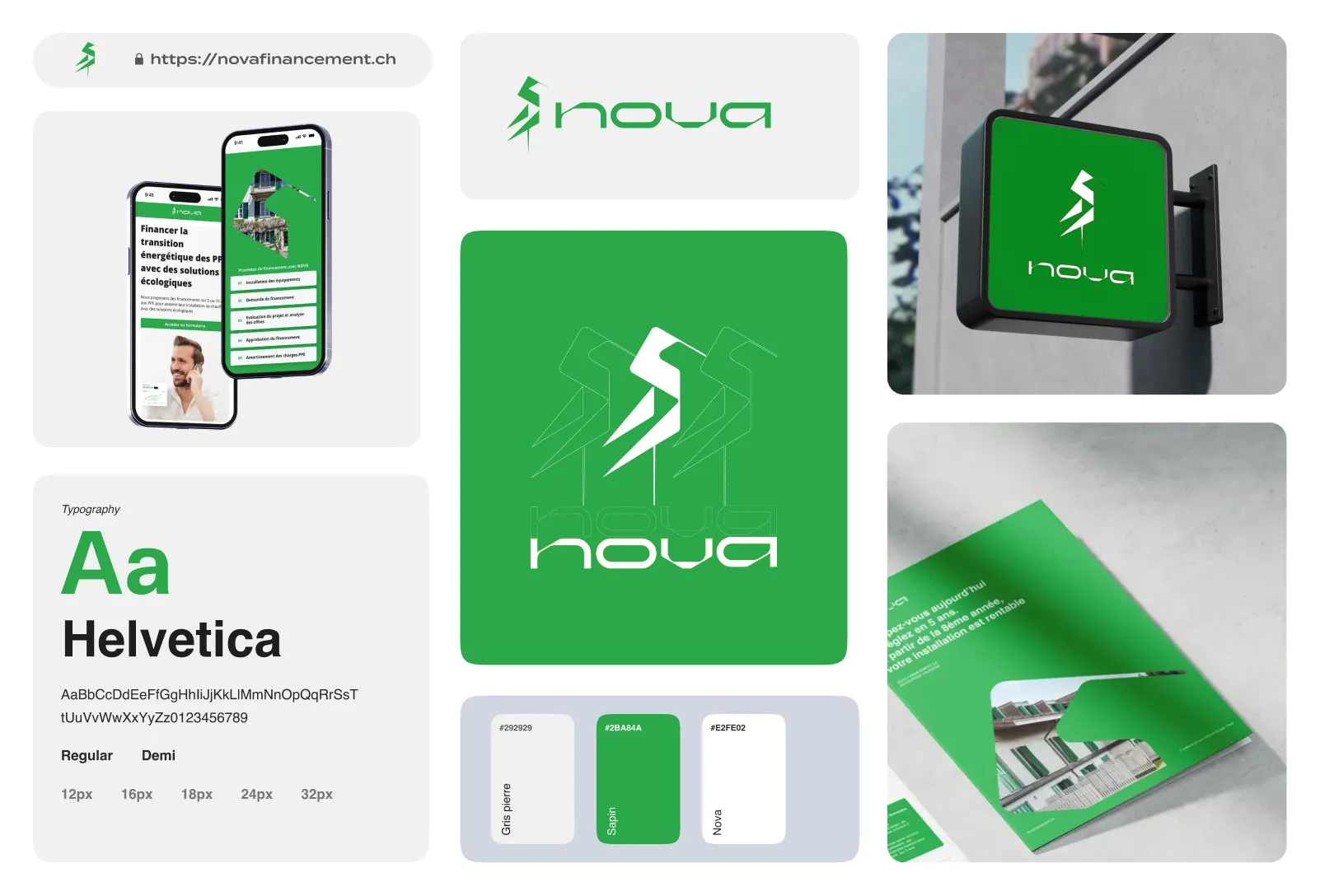 Brandboard marque vaudoise Nova financement vert le héron Morges Helvetica, vert et blanc par Ferr Studio