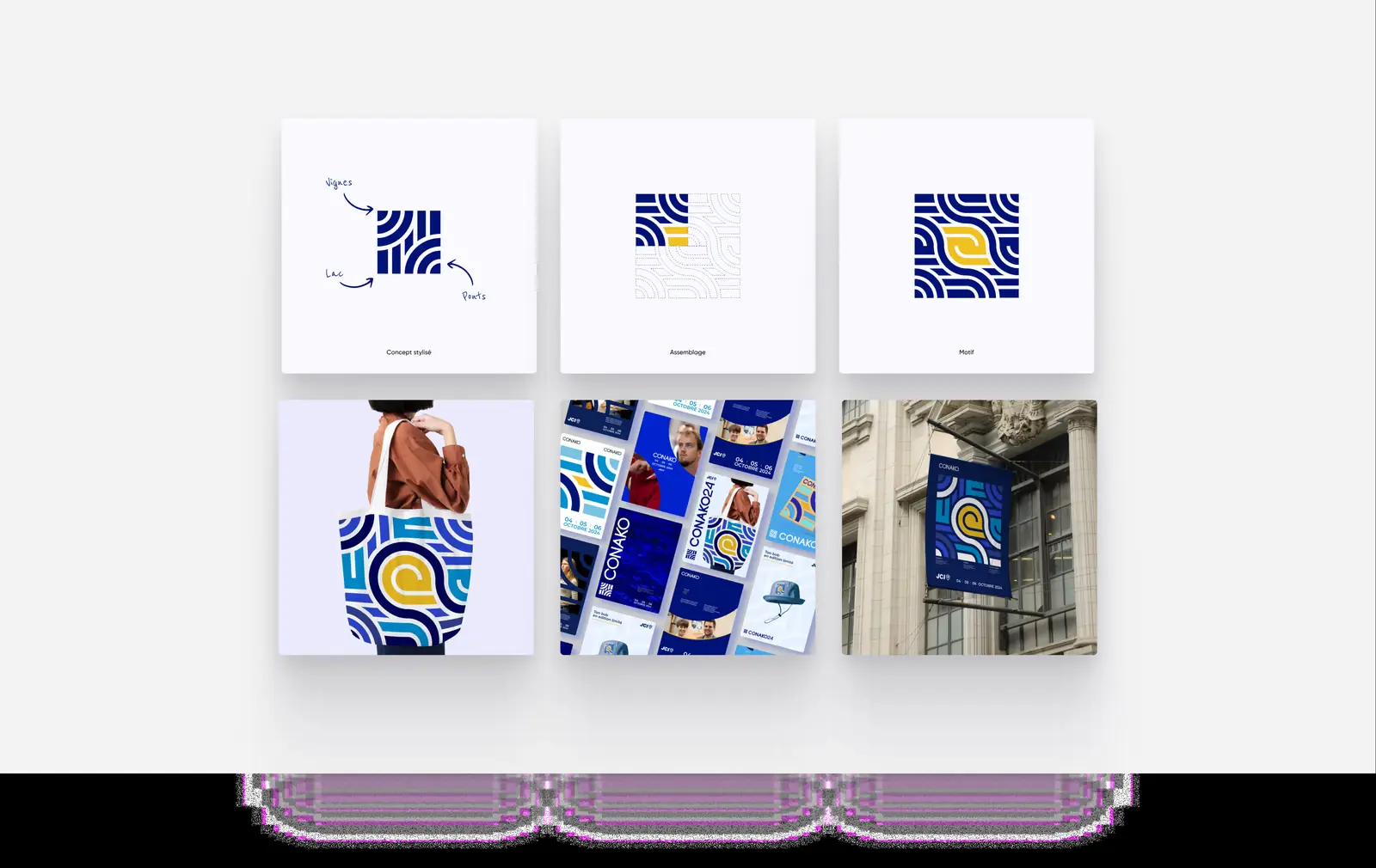 Construction du logo Conako et ses declinaisons sur tote bag, cartes et enseigne