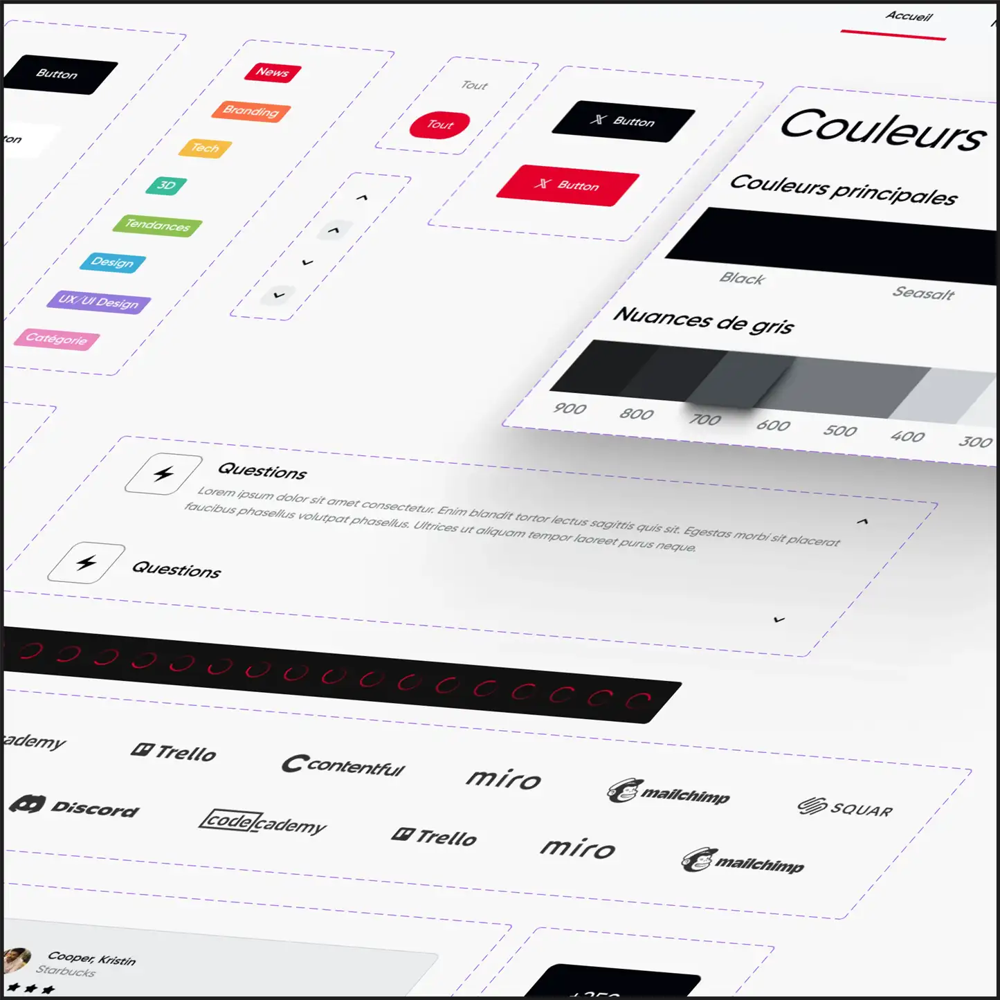 Exemple de design UI montrant boutons colorés, catégories, nuances de gris, questions pliables et logos d'applications comme Trello, Miro et Mailchimp.