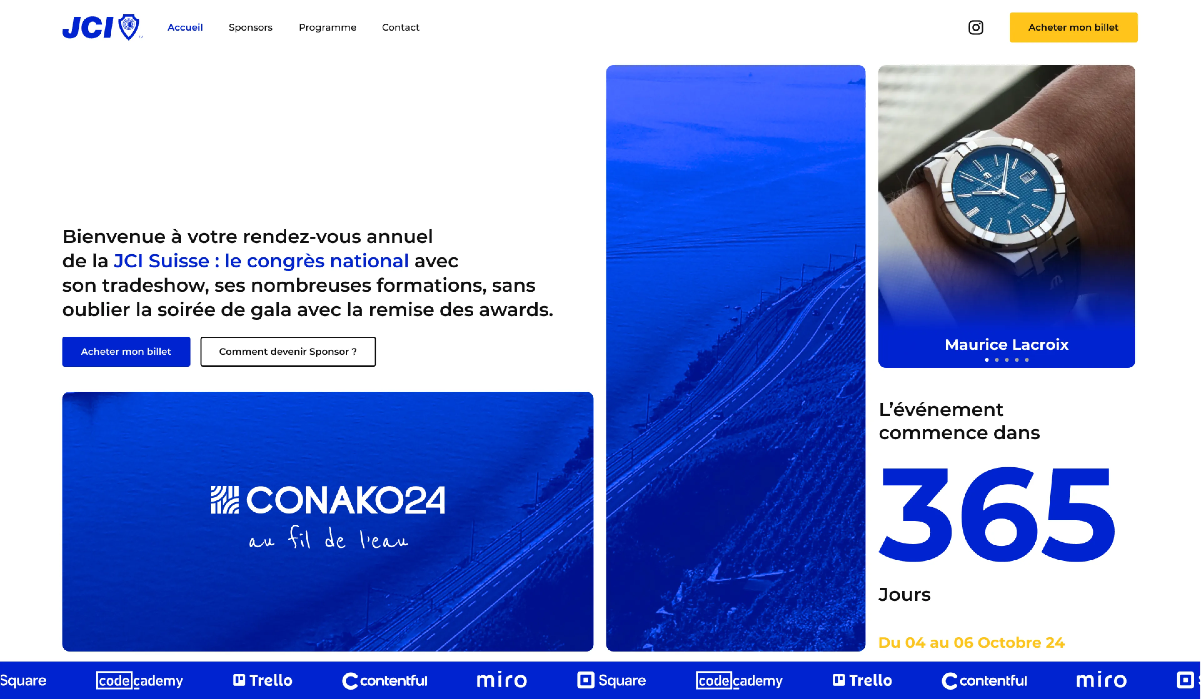 Page d'accueil du congrès national JCI Suisse avec un compte à rebours de 365 jours et une montre Maurice Lacroix.