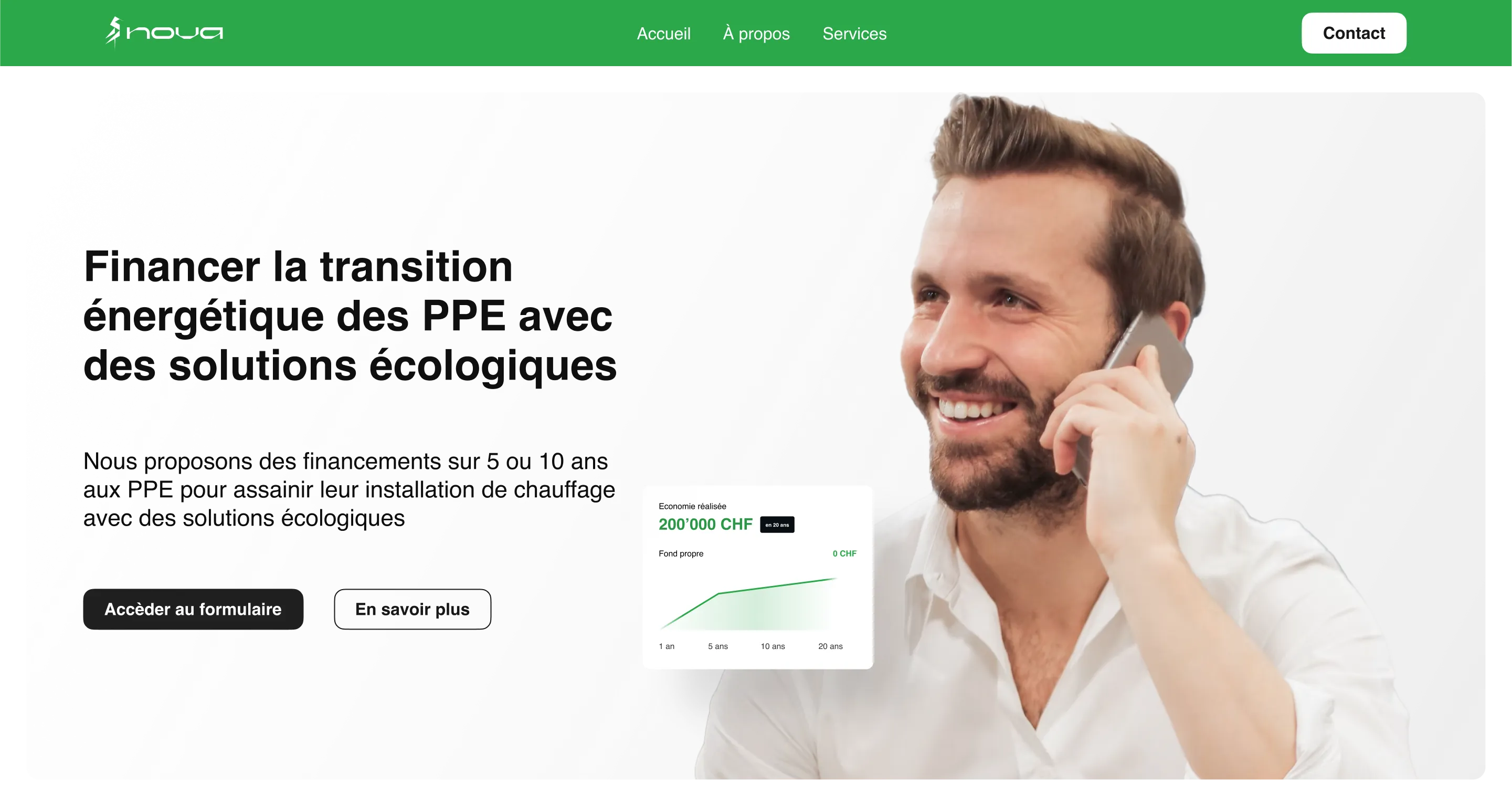 Homme souriant en chemise blanche parlant au téléphone à droite, texte à gauche sur le financement écologique des PPE, avec deux boutons d'action et un graphique de croissance financière.