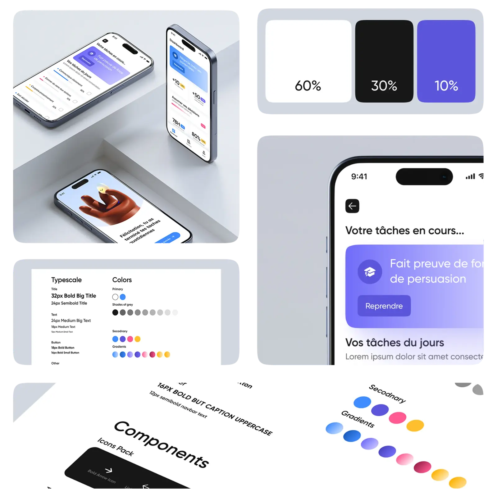 Présentation d'identité visuelle pour une app mobile avec des couleurs et violet