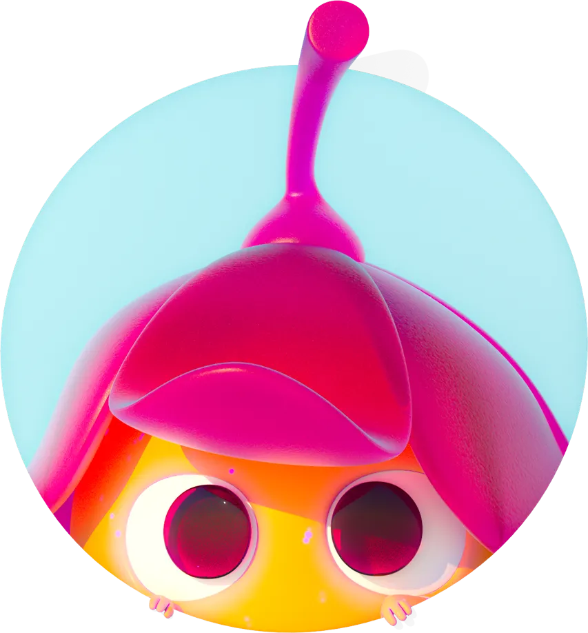 Illustration colorée d'un personnage animé avec un chapeau rose vif et de grands yeux expressifs sur fond bleu clair.