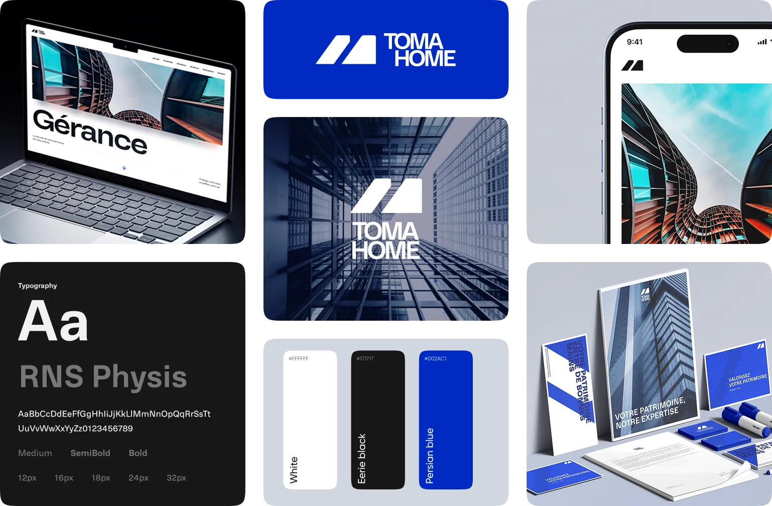 Présentation d'une identité visuelle avec logo TOMA HOME, typographie RNS Physis, palette de couleurs blanc, noir et bleu persan, et divers supports de marque.