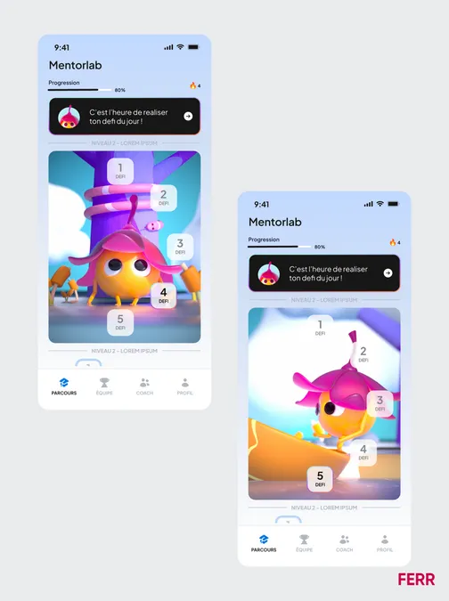 Deux écrans mobiles Seed Up avec la mascotte Seed en 3D