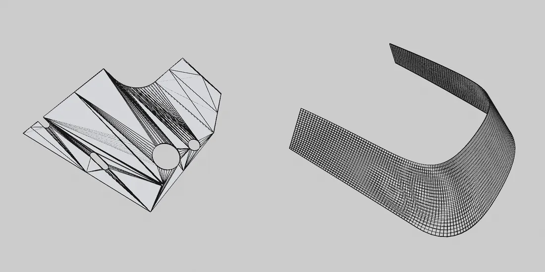 Comparaison d'un maillage 3D : à gauche une triangulation brute issue de la CAO, difficile à texturer ; à droite le même modèle retopologisé en quads, prêt pour les textures.