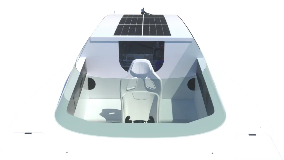 Rendu 3D complet du foiler Lobstair du Swiss Solar Boat, issu des fichiers CAO par FERR Studio