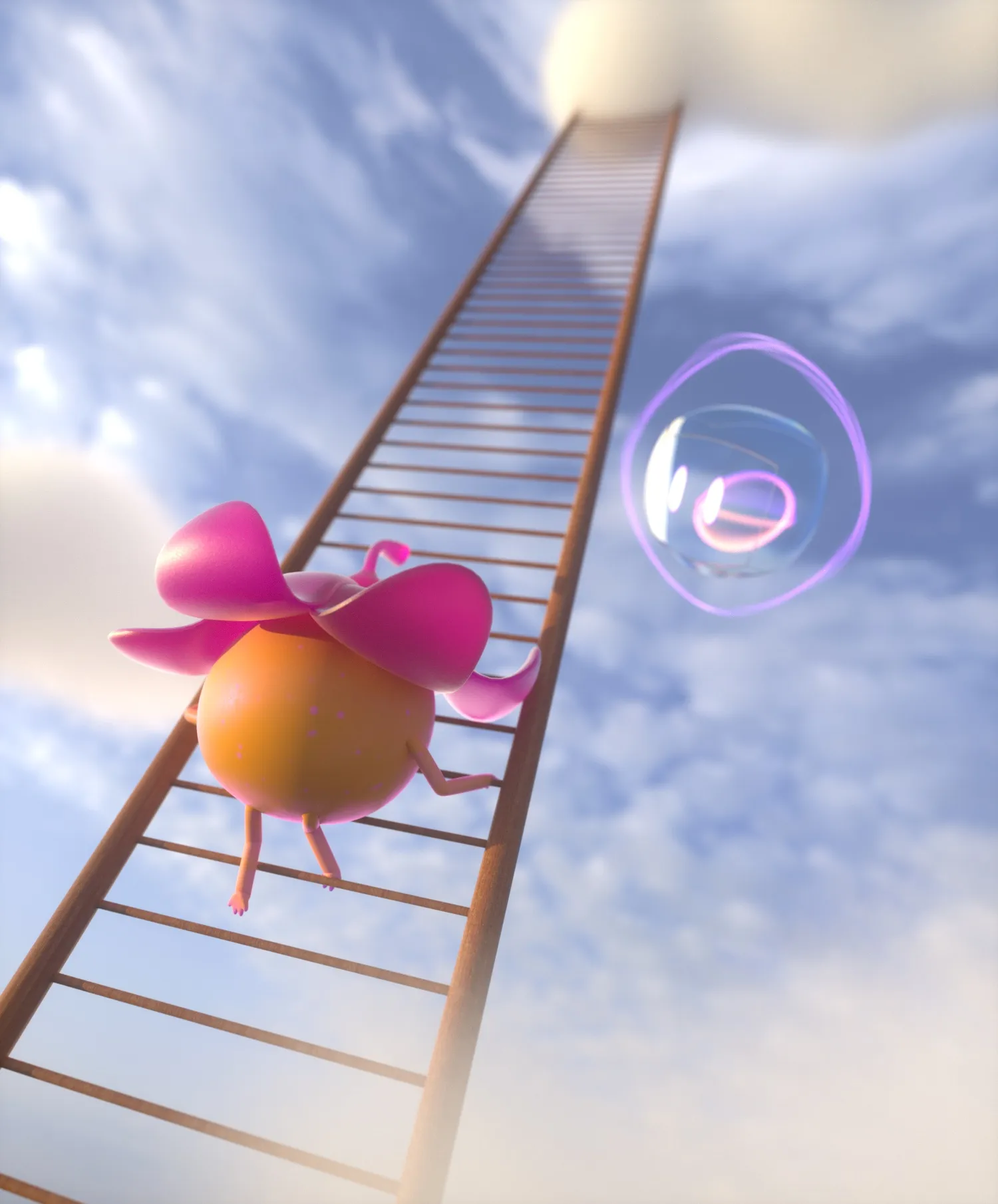 La mascotte Seed grimpe une échelle vers un nuage