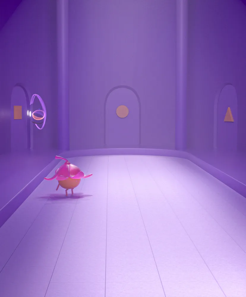 La mascotte Seed dans un couloir violet en 3D