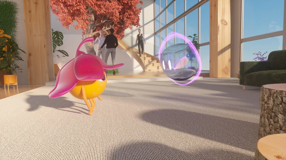 La mascotte Seed traverse un hall lumineux en 3D