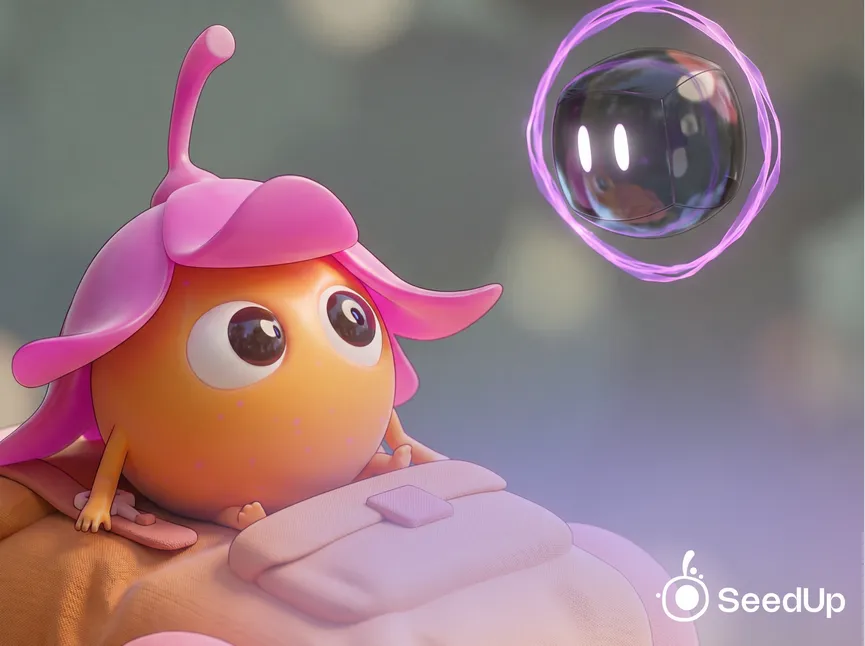 Gros plan cinematique de la mascotte Seed et de sa bulle