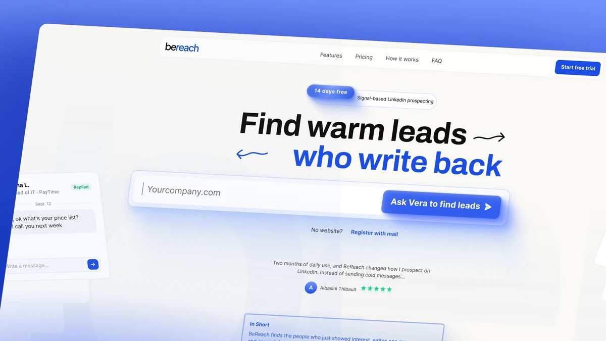 Maquette du site Bereach présentant son agent de prospection LinkedIn dans une interface blanche et bleue