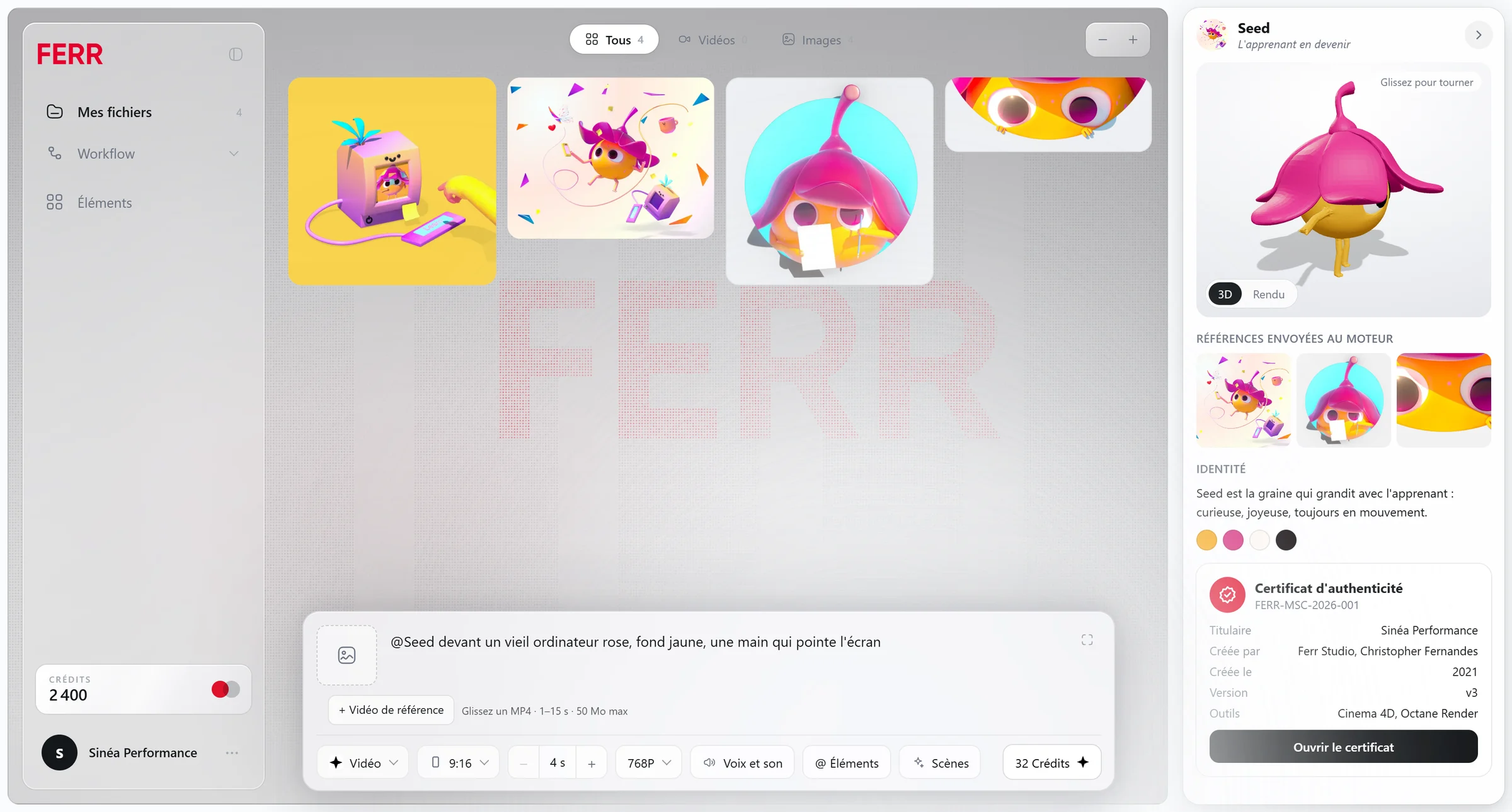 L'Atelier Mascotte de Ferr Studio : Seed, la mascotte de Sinéa Performance, en 3D à droite avec son certificat, ses images générées au centre et le prompt @Seed en bas