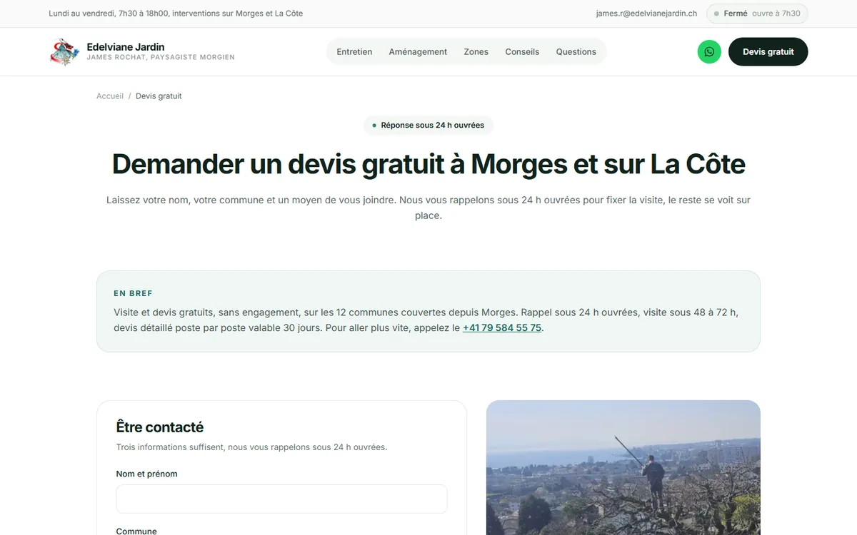 Page de demande de devis du site Edelviane Jardin