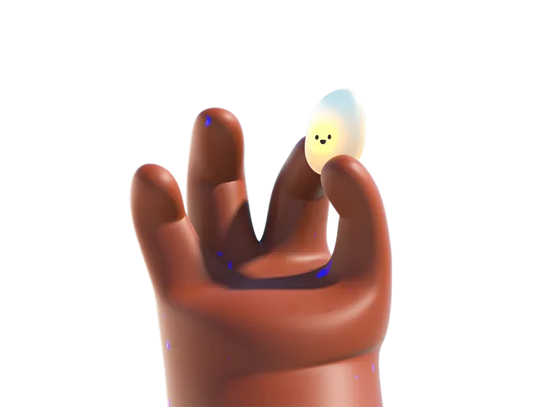 Illustration 3D du coaching individuel Sinéa : une main tient un petit œuf lumineux au visage souriant