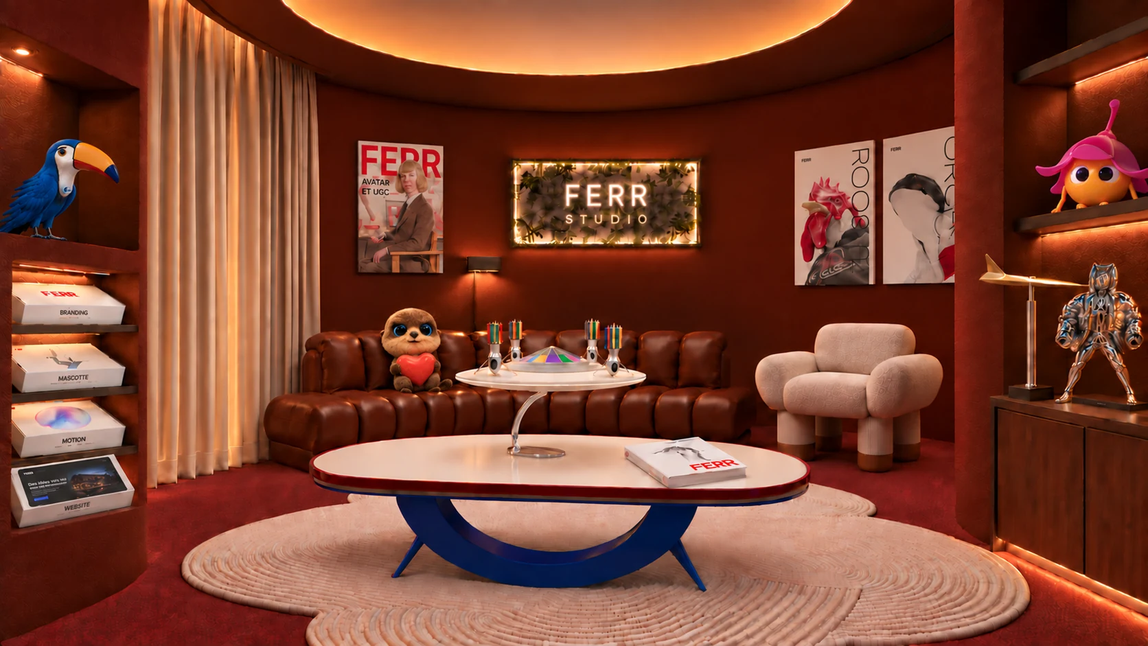 L’univers créatif de Ferr Studio : salon aux tons rouges, mascottes et créations 3D.