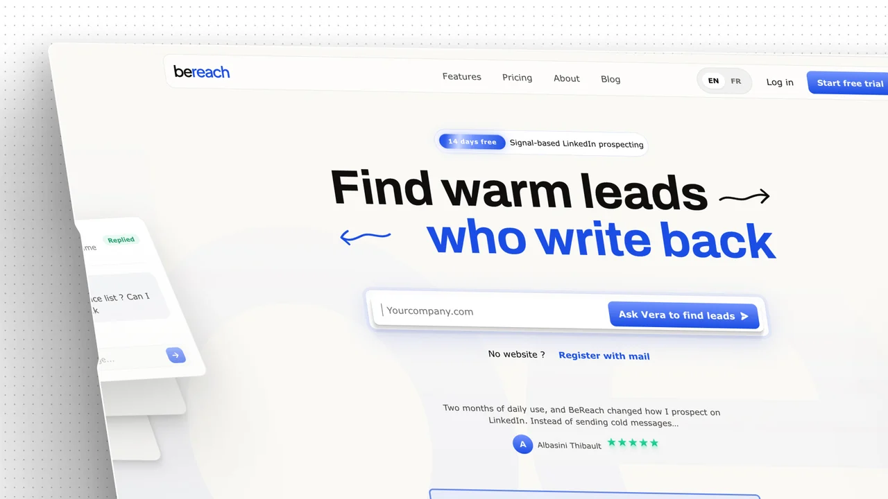 Maquette du site Bereach présentant son agent de prospection LinkedIn dans une interface blanche et bleue