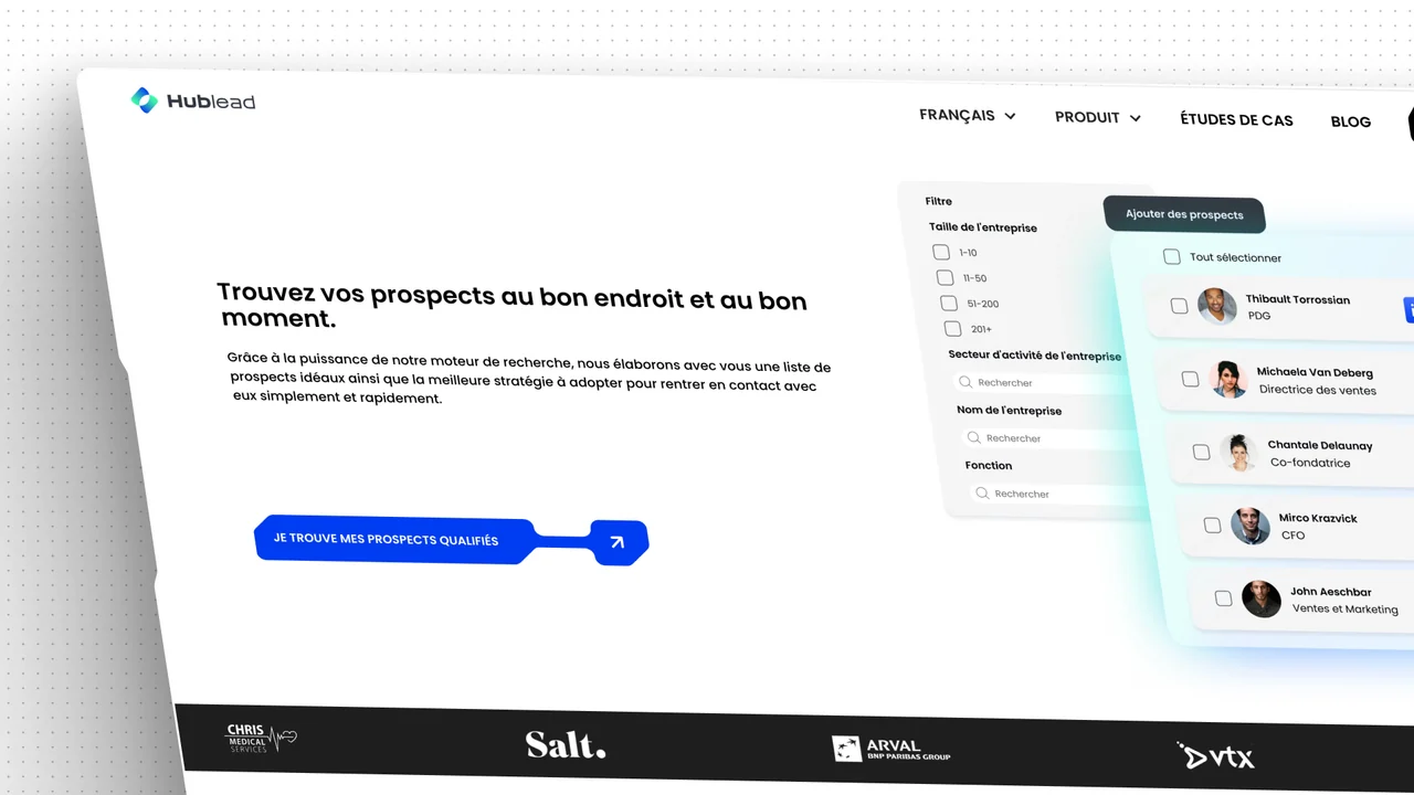 Maquette du site Hublead, service de prospection B2B, dans une interface blanche et bleue