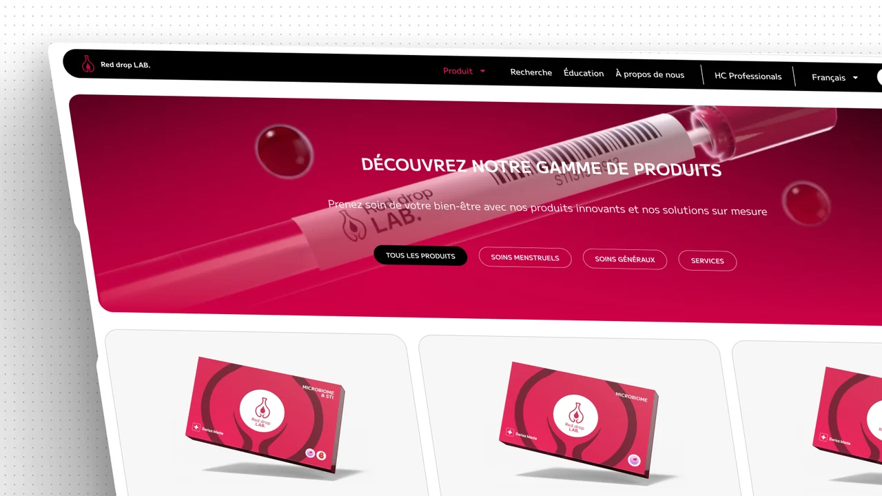 Maquette du site Red Drop Lab présentant ses tests de santé dans un univers rouge