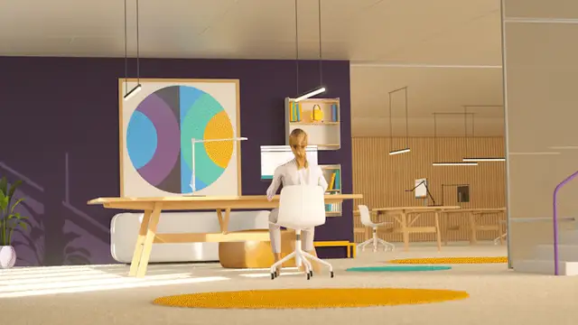 Personnage Knowmore dans son environnement de travail en 3D
