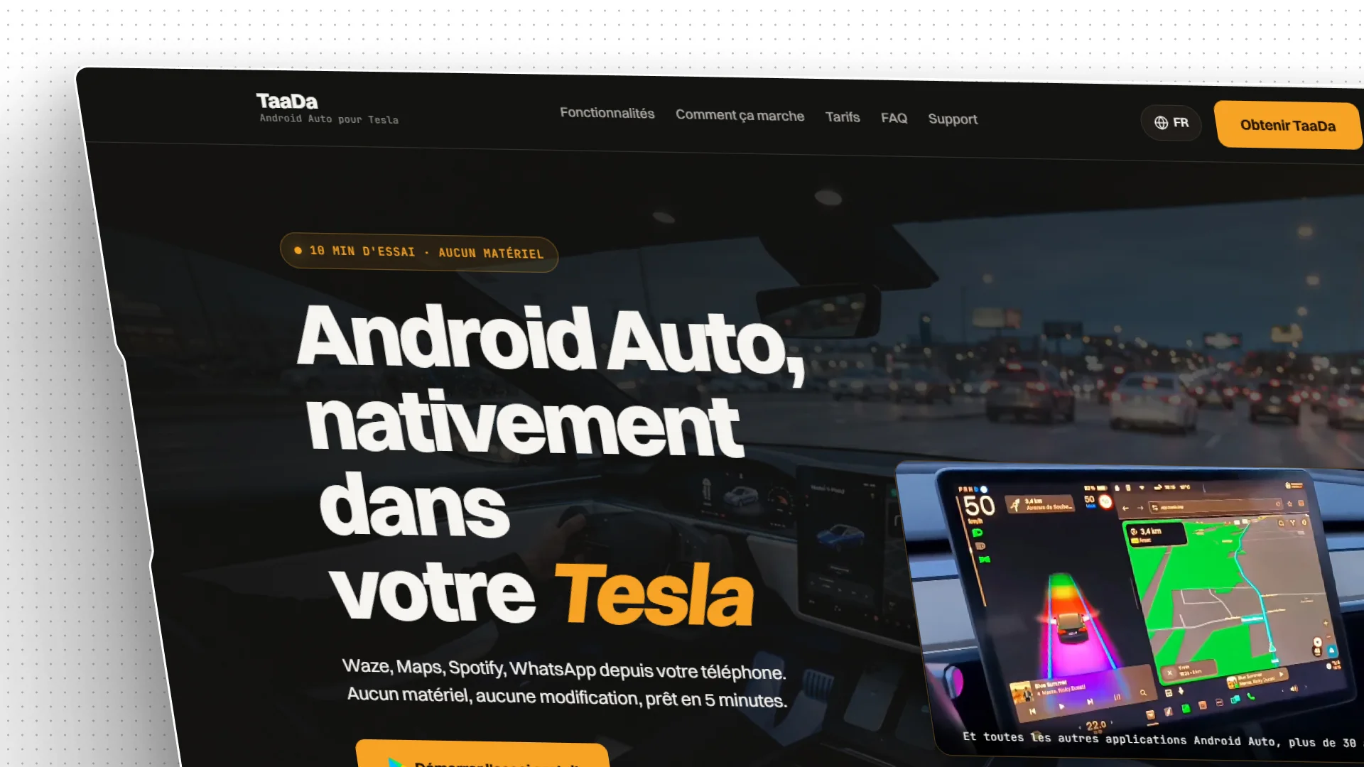 Maquette en perspective de la page d’accueil de TaaDa : Android Auto dans une Tesla, avec Waze et la conduite à l’écran